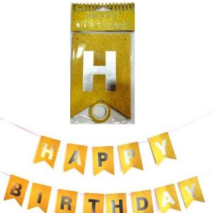 Happy Birthday Banner - Golden Background, Silver Letters