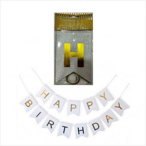 Happy Birthday Banner - Silver Background, Golden Letters