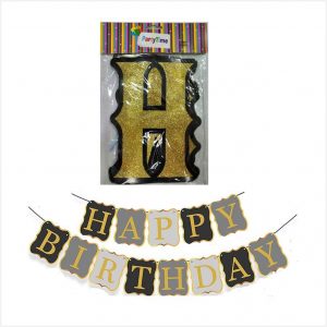 Happy Birthday Banner - Golden Letters with Black Border