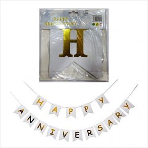 Happy Anniversary Banner - White Background, Golden Letters