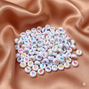 White Acrylic Round with Multicolor 0-9 Number Letter Beads